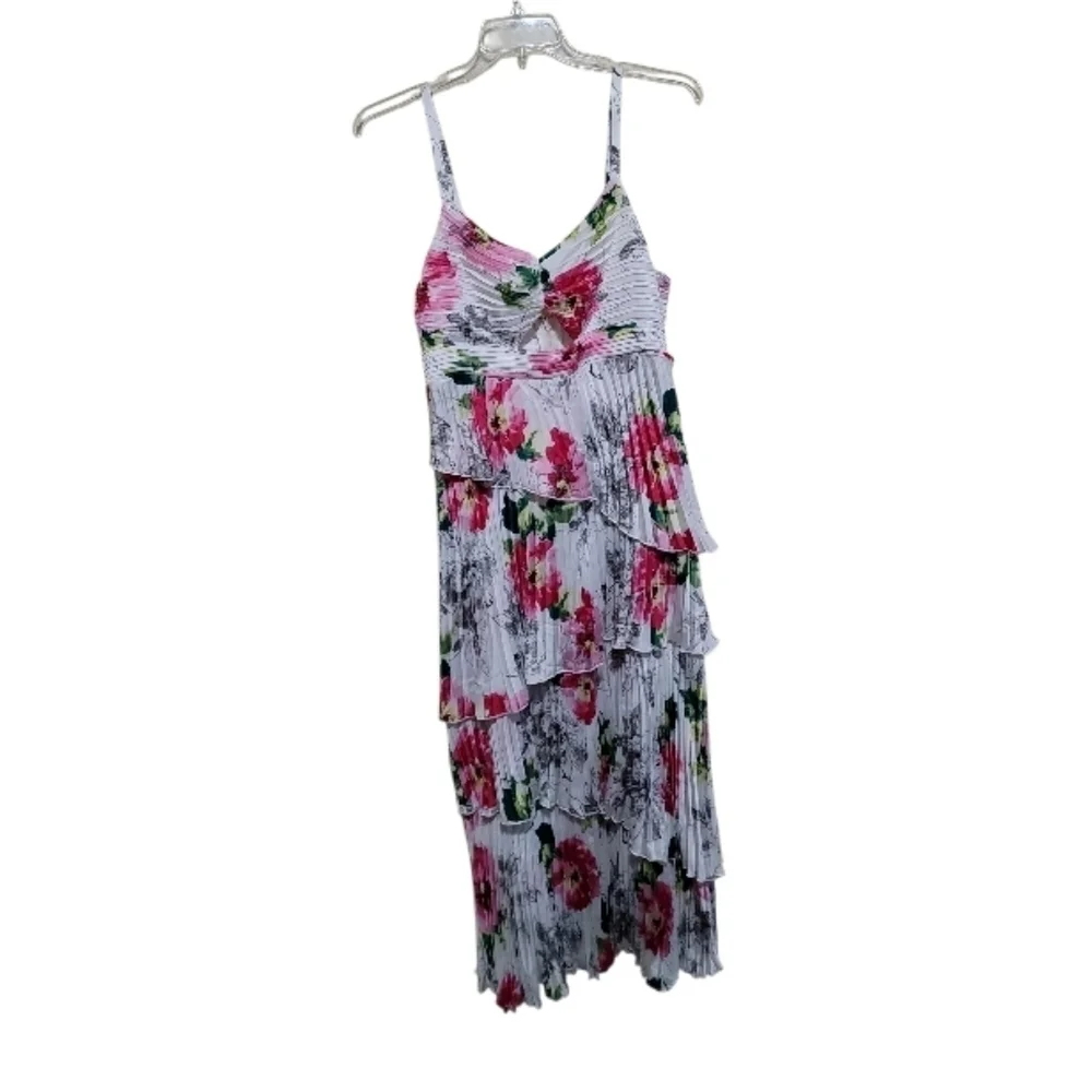 Abercrombie & Fitch Giselle Pleated Tiered Maxi Dress Satin White Floral Sz LP